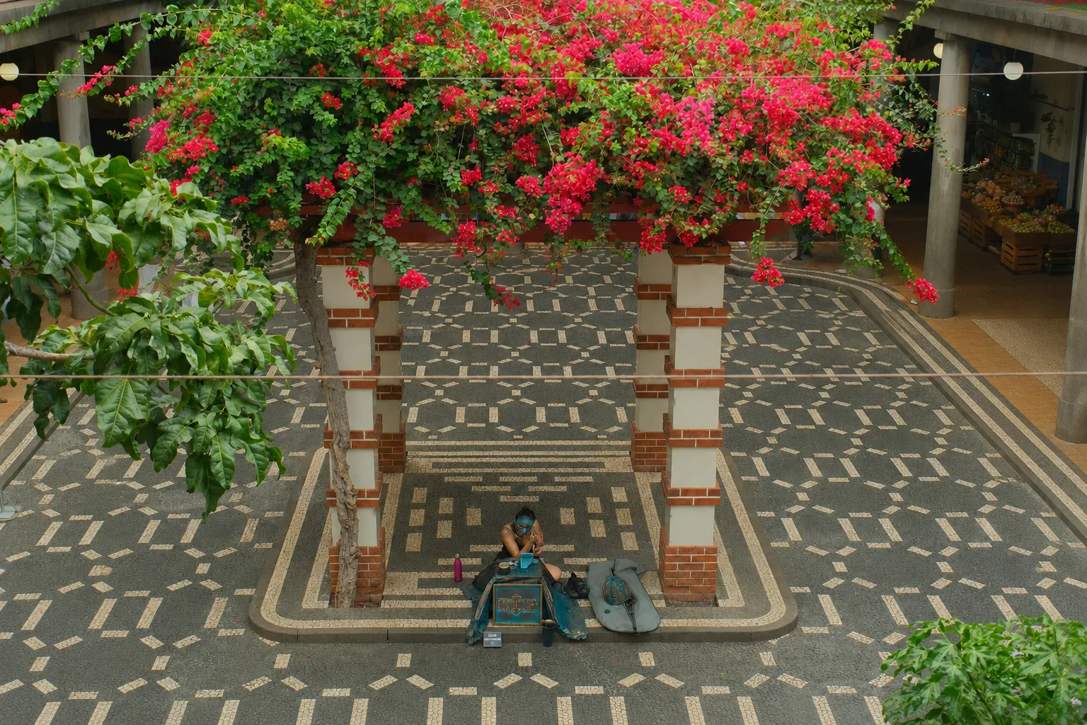 Blick von oben in den Innenhof des Mercado dos Lavradores in Funchal, eingerahmt von roten Bougainvilleen